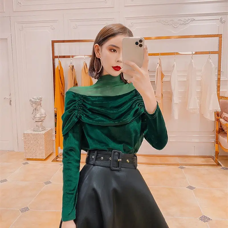 

New green mesh stitched velvet top women's autumn long sleeve design retro Hong Kong Style T-shirt