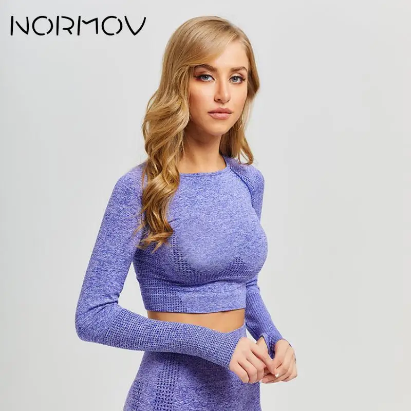NORMOV женский бесшовный короткий топ с длинными рукавами рубашки для йоги с отверстием для большого пальца работа фитнес-тренировки бесшовные Топы Рубашки