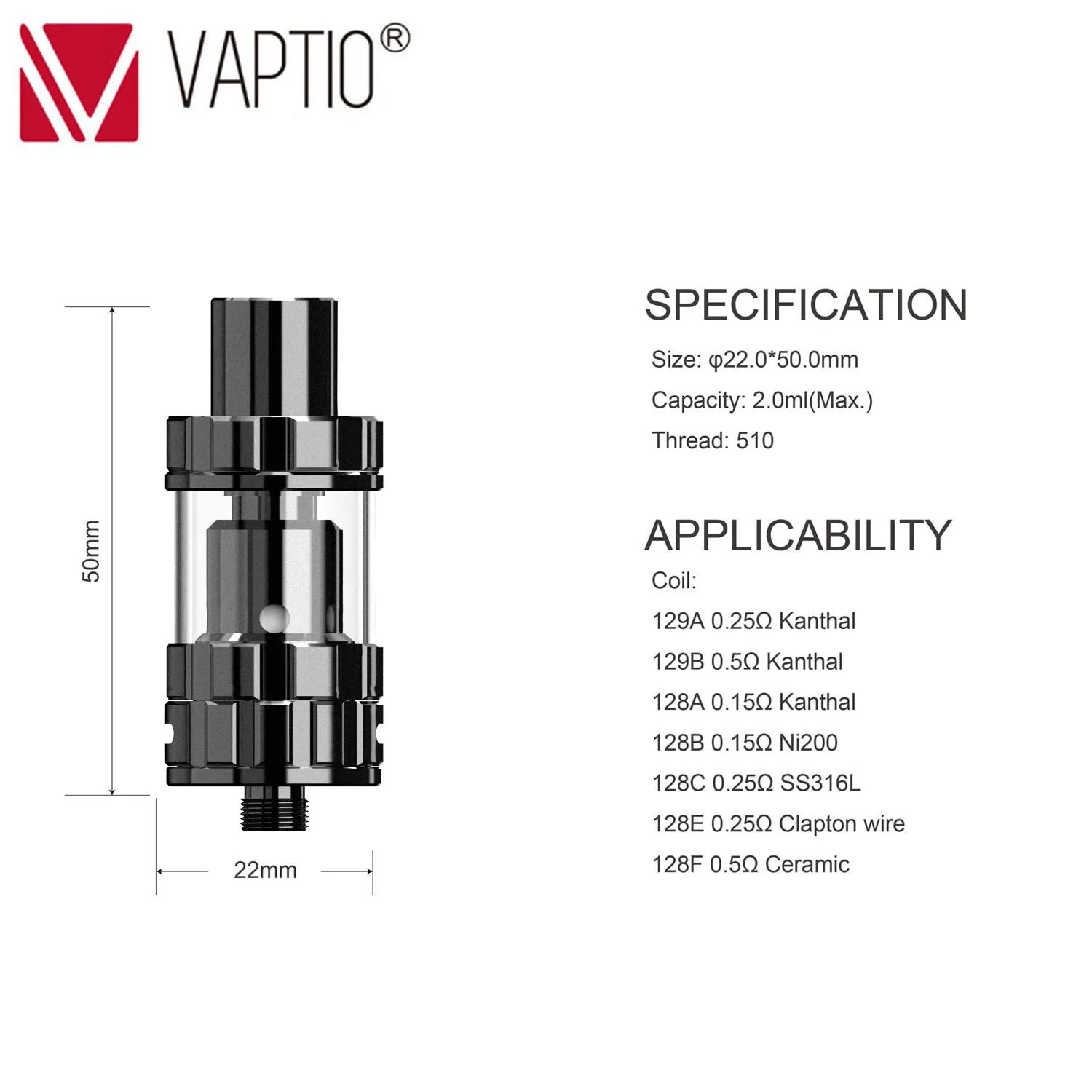 Оригинальный обслуживаемый атомайзер Vaptio PT1/P1 емкость 2 0 мл сопротивление 25 Ом