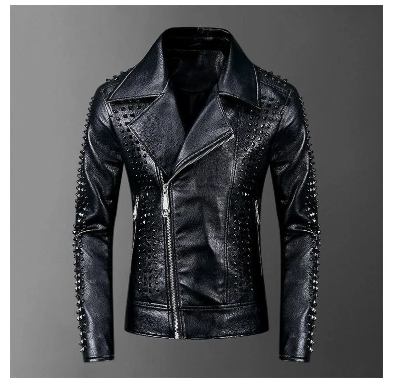 ABOORUN мужские кожаные куртки в стиле панк черные мотоциклетные кожаные куртки с заклепками Брендовое облегающее байкерское кожаное пальто для мужчин