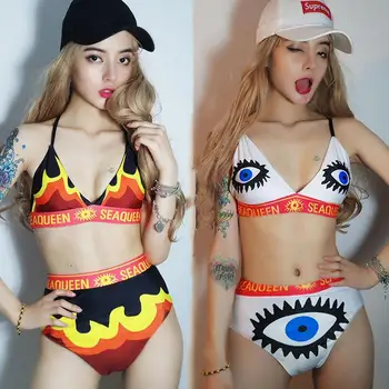 

Fashion Print Sexy Bikini Set Jazz Costumes Female Singer Stage Pole Dance Clothing Rave Outfit Nightclub Bar Party Wear