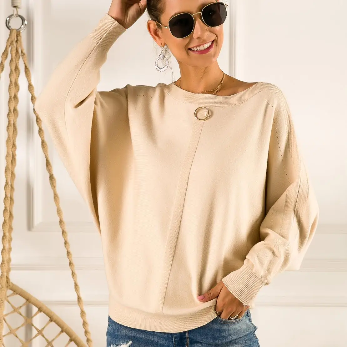 

Bat Sleeve Neckline Buckle Dark Pattern Personality Loose Solid Color Word Collar Sweater