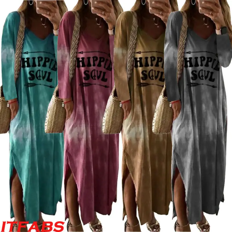 

Summer New Women's Casual Dress Long Sleeve Loose Letter Split V-Neck Dress Boho Beach Holiday Dress