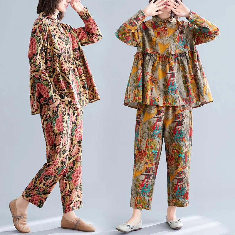 

2019 Autumn New Style Retro Literature And Art Loose-Fit Set Cotton Linen Printed Long Sleeve Two-Piece Women's