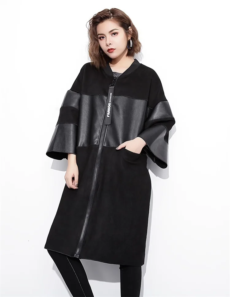 [EAM] Свободная Черная куртка из искусственной кожи, большой размер, новинка, стоячий воротник, длинный рукав, Женское пальто, модное, осень, JC2530