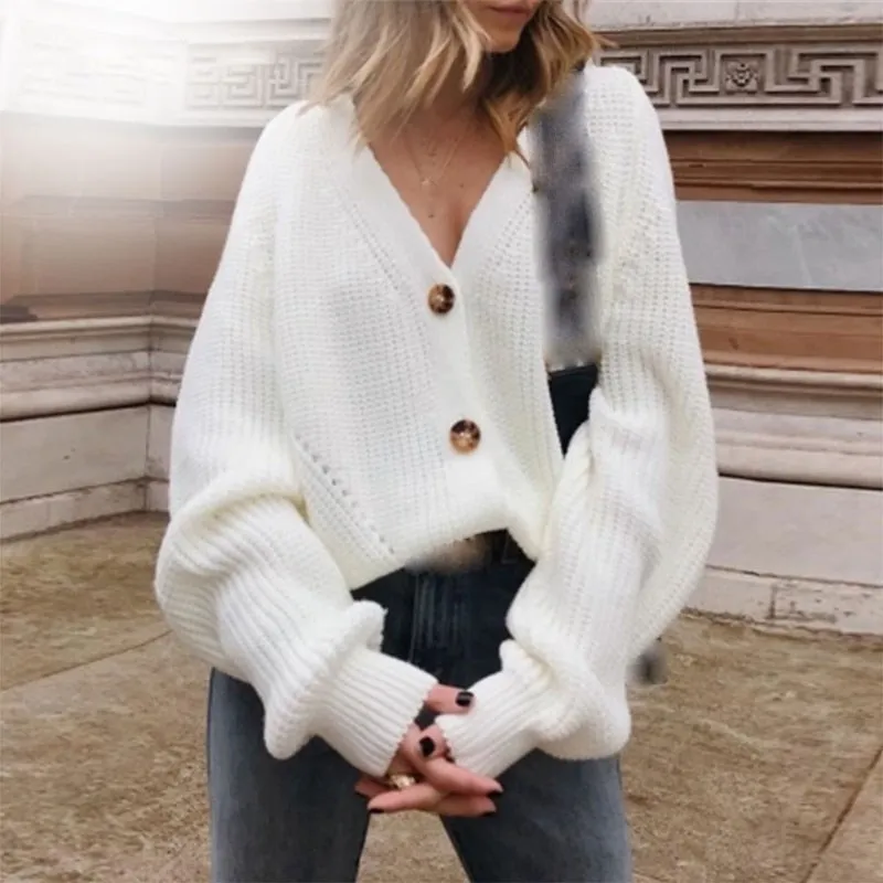 

Autumn Winter Fashion Women Long Sleeve Loose Cardigan Female Solid Knitted Sweater V-Neck Single-Breasted Sweater