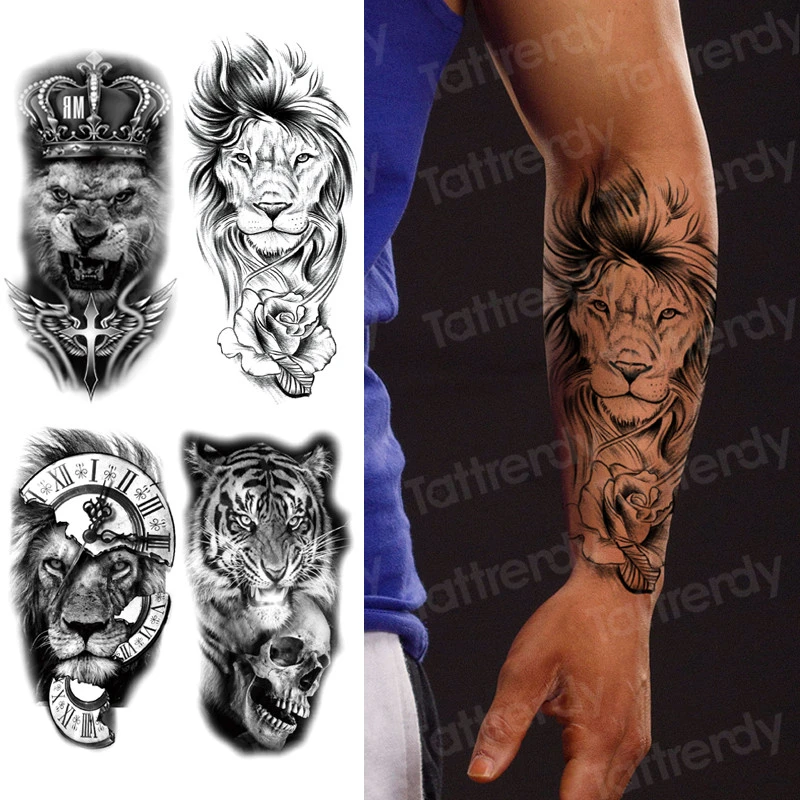 Waterproof Temporary Tattoo Sticker Lion Queen Crown Animal Tattoos Flash Tatoo Fake Large Tattoo Sleeve Arm For Boys Men Women Temporary Tattoos Aliexpress