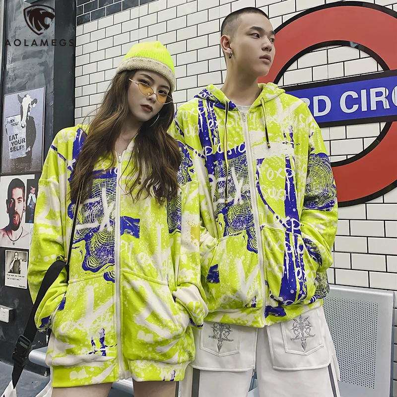 

Aolamegs Bright Color Hit Color Cobweb Printed Men Hoodie Zipper Coat Autumn Baggy Harajuku High Street Couple Hooded Sweatshirt