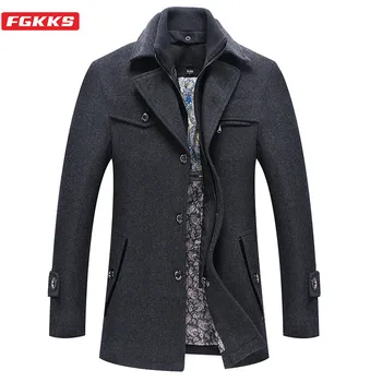 

FGKKS Brand Wool Blend Coats Men Winter New Men's Fashion Simple Trench Coat Solid Color Casual Wool Overcoat Male