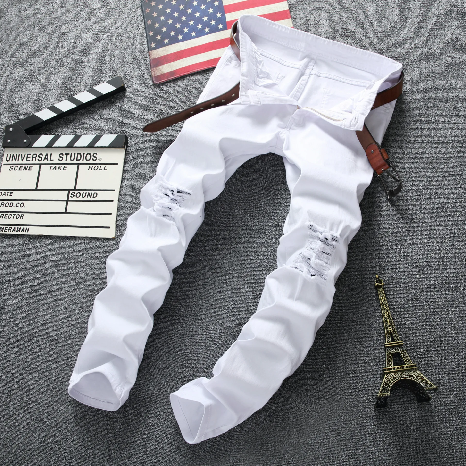 

White Black Men Distressed Ripped Jeans Destroyed Moto Biker Denim Mens Slim Fit Elastic Pants Hip Hop Streetwear