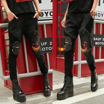 

2020 Embroidery Jeans Elastic waist patchwork vintage Pants for women Streetwear Cotton Jeans S M L XL size trousers A110Z40