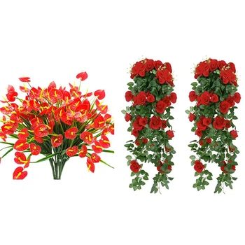 

6 Bunches Artificial Fake Flowers Hanging Plant Wall Home Balcony Basket Decor, 4 Bunches 35cm & 2 Bunches 90cm