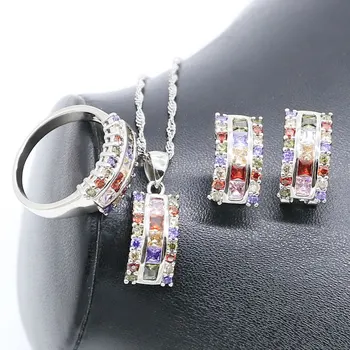 

925 Sterling Silver Bridal Jewelry Sets For Women Multicolor Hoop Earrings Pendants Ring Free shipping