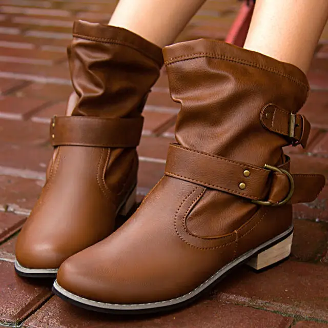 

2019 New Winter Boots Women Retro Shoes Leather Boots Vintage Rivets Round Toe Lace-Up mid-calf Martin Boots zapatos Plus Size