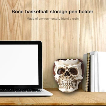 

Skull Pen Holder, Basketball/Cranium Skeleton Makeup Brush Organizer Candy, Creative Halloween Decoration for Home Office Desk -