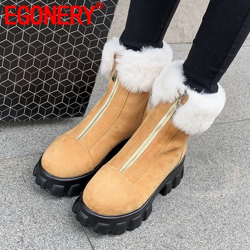 

EGONERY winter new concise akle boots outside high heels platform round toe front zip plus size flock women shoes drop shipping