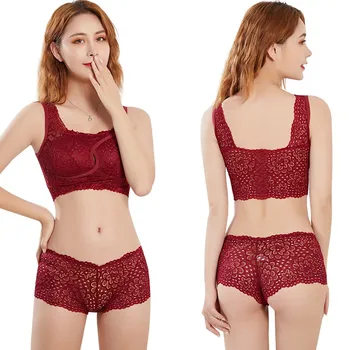 

Womem Sleep Bra Set Side Floral Side Wire Free Airy Anti-light Knitted Padded Stretchable Bra Mesh Low Waist Panty