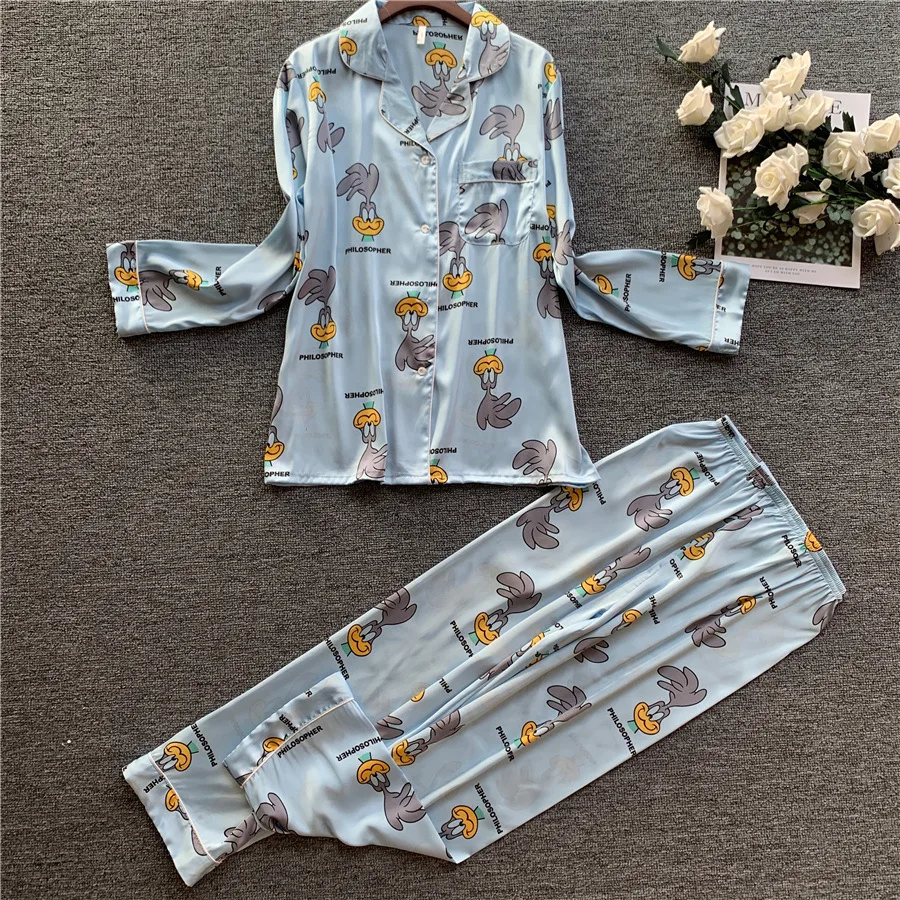 Spring and summer silk women's long sleeve printing Pajama suit sweet home outfit large SILK PAJAMA women's home clothes