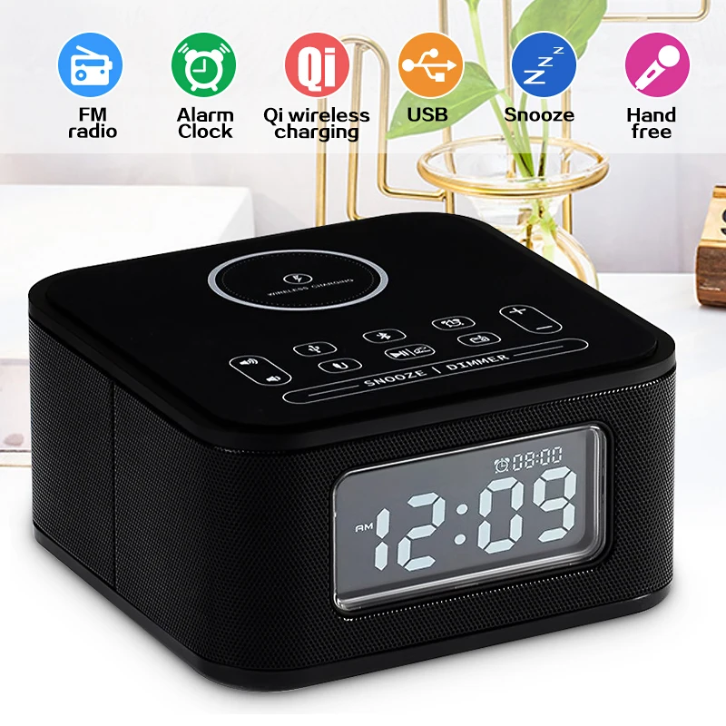  Altavoz bluetooth/cargador inalámbrico/Radio FM/reloj despertador/puerto cargador USB para IOS Andr