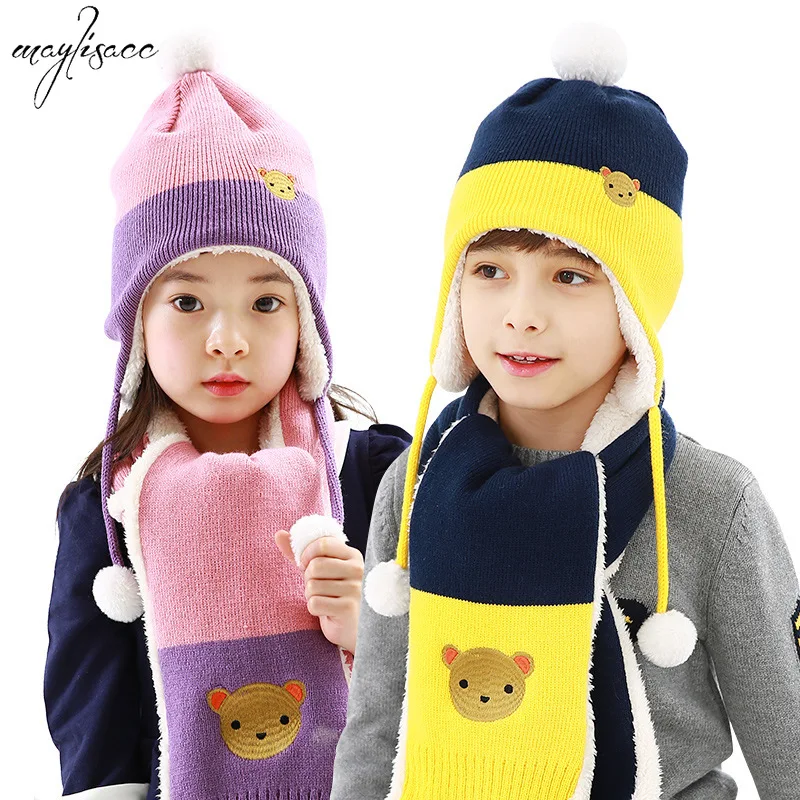 Maylisacc/Детские шапки для мальчиков и девочек от 2 до 8 лет, шарф, комплект из 2 предметов, Осень-зима, теплые детские трикотажные шапки наборы шарфов