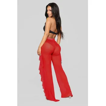 

Women Ladies Fashion New Beach Mesh Sheer High Waist Flare Pants Cover Up Flared Long Trousers