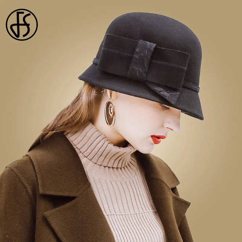 Black Wool Fedora FS женские синие шляпы для церковный колокол шляпа шерсть войлочная одежда бант котелок с широкими полями кепка осень зима Bowler Fedoras дамы Chapeu - Цвет: Black Wool Fedora