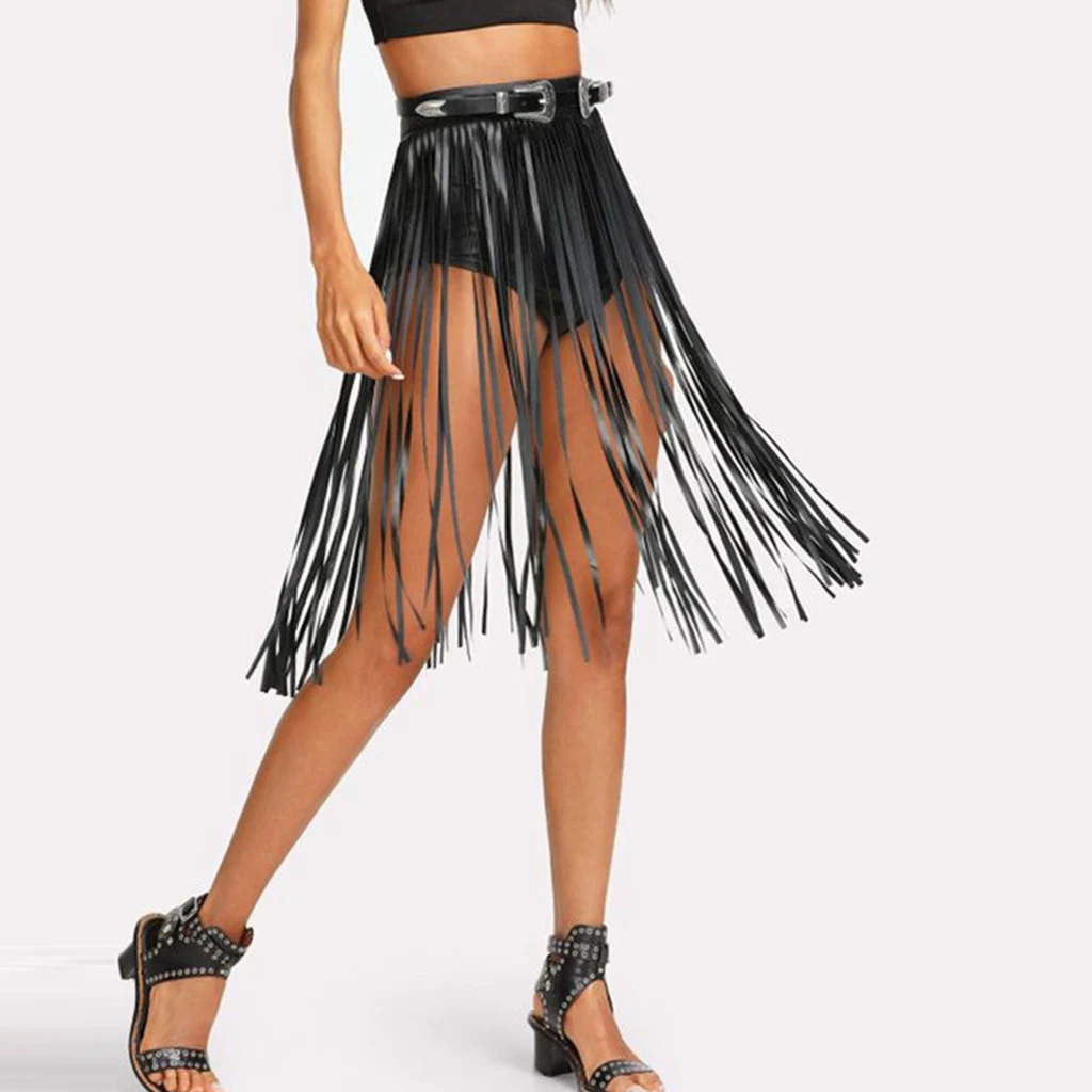 Женские Высокая Талия Искусственная кожа юбка с бахромой тела жгут панк вечерние клубная одежда