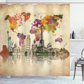 

Vintage Map of the World Bath Curtains Bathroom Decor with Hooks