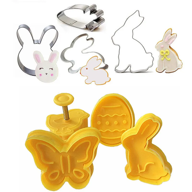 

4Pcs Easter Bunny Pattern Plastic Baking Mold Kitchen Biscuit Cookie Cutter Pastry Plunger 3D Die Fondant Cake Decorating Tools