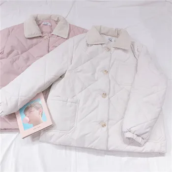 

Winter Women Cotton coat Small fresh Corduroy collar Rhomboids Teenage heart Warm Young Girls Long Sleeve Outwear College style