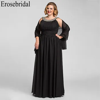 

Erosebridal Black Evening Dress Plus Size Chiffon Long Elegant Evening Dress Party Sparkly Beaded with Shawl Zipper Back