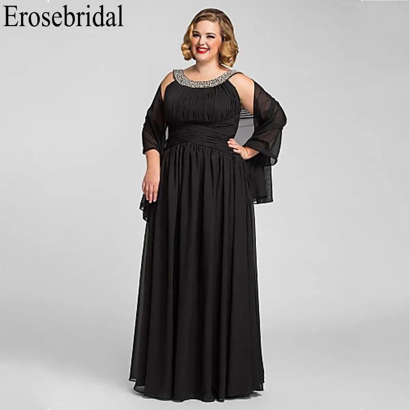 Женское шифоновое вечернее платье Erosebridal Черное длинное блестящее размера плюс с