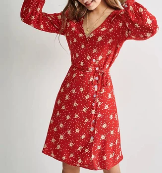 

Classic Floral Print lace up women dress V-neck Long Sleeve Wrap Tea Break mini dress 2020 Spring summer new