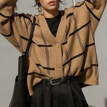 

2021 Women Autumn Winter New Long Sleeve V-neck Loose Casual Knitted Cardigan Sweater Lattice Single Breasted Fashion Women