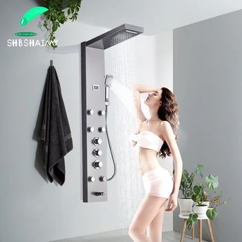 

Brushed Thermostatic Shower Panel Column Stainless Steel Panel Tower Rain Waterfall Shower head With Jets Spa BathTub Spout