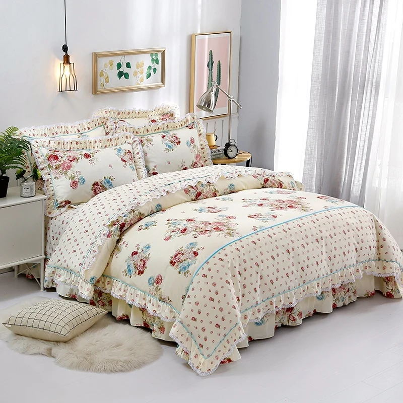 Bed Fitted Sheet Cover Cute Floral Printed Soft 4Pcs Full Queen King Pillow Case 
