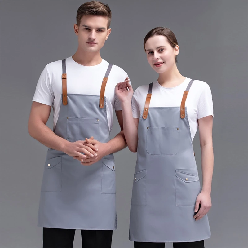 Hang Neck Apron Adjustable Cross Leather Strap Kitchen Aprons with