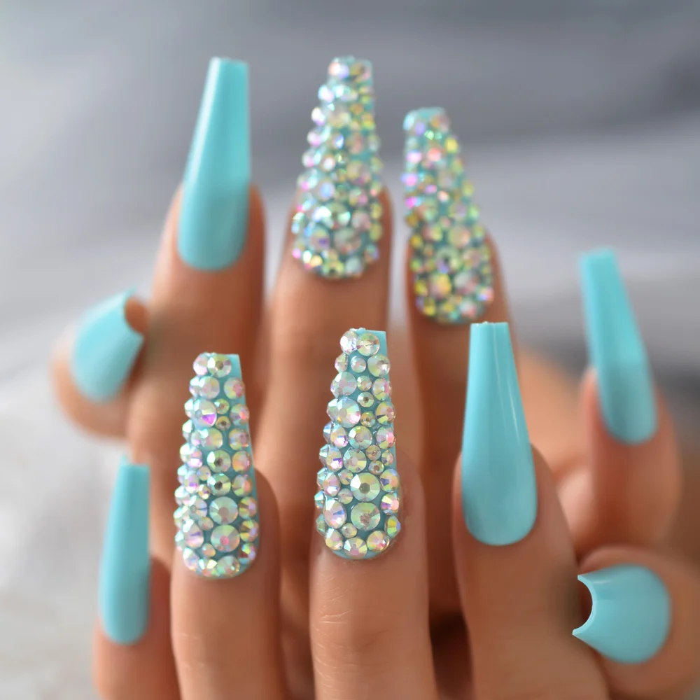 Strass Super Long False Nails Green Blue Tapered 3d Predesigned Ballerina Faux Ongles With Rhinestones 24 False Nails Aliexpress