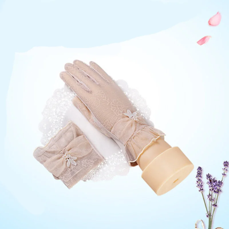 Летние женские элегантные кружевные дышащие солнцезащитные УФ-перчатки для уличной езды для вождения спорта ледяной шелк мягкие