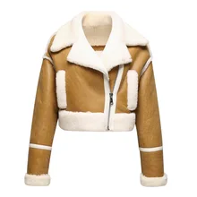 Manteau en cuir véritable d'agneau pour femme, court et chaud, Double Face, en laine véritable, hiver, S3658