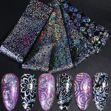 10 шт Голографическая фольга для ногтей Лазерная черная прозрачная переводная наклейка цветочные ползунки блестящее художественное оформление ногтей Обертывания Маникюр JI588