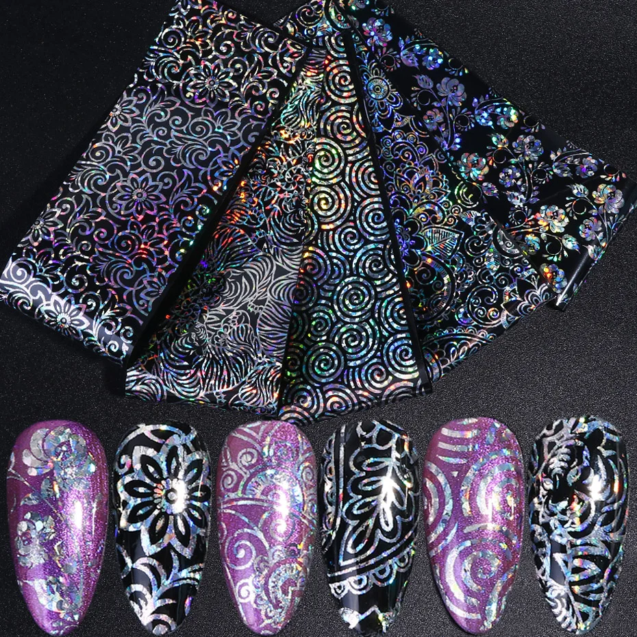 

10pcs Holographic Nail Foil Laser Black Clear Transfer Stickers Flower Sliders Shine Nails Art Decoration Wraps Manicure JI588