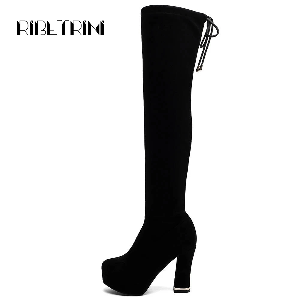 

RIBETRINI Over The Knee High Boots For Women 2019 Vintage Suqare High Heel Platform Shoes Woman Back Lace Up Zipper Knight Boots