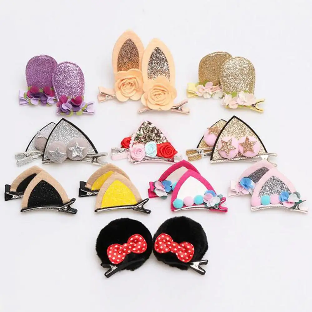 2pcs/Set Cute Hair Clips For Girls Glitter Rainbow Felt Fabric Flowers Hairpins Cat Ears Bunny Barrettes Kids Accessories | Красота и