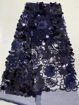 

5 yard Navy blue Beads lace fabric African organza lace with lots of sequins high quality and exclusive for wedding big occasion