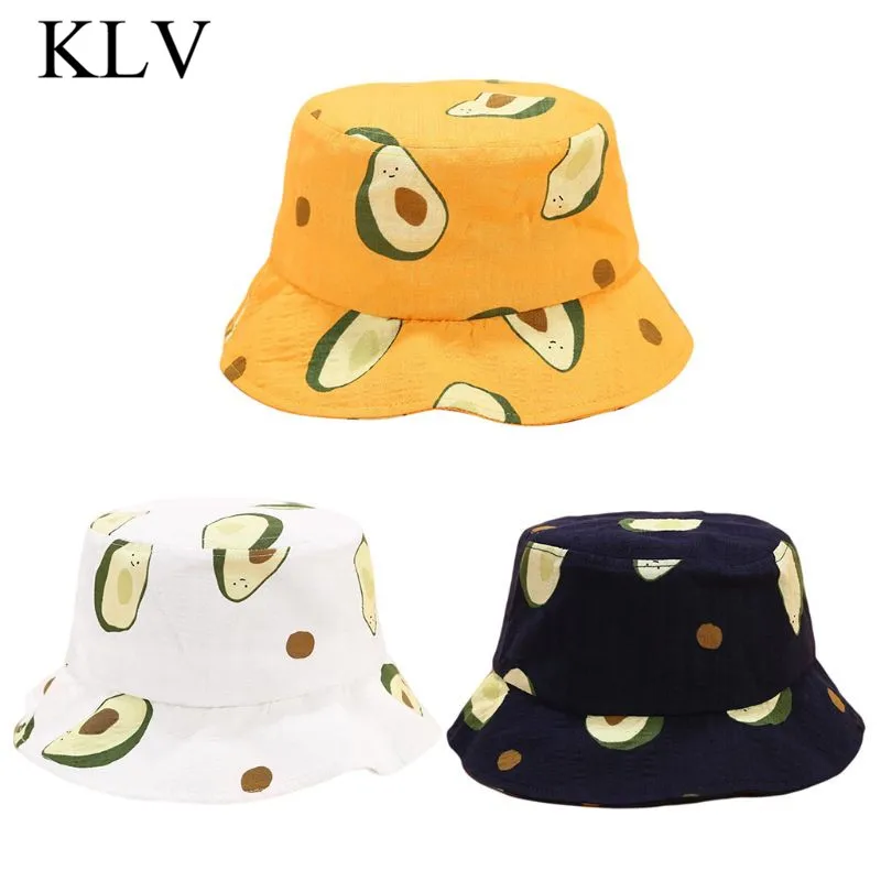

Japanese Fresh Style Adult Kids Summer Cotton Bucket Hat Cute Colored Avocado Fruits Printed Wide Brim Sunscreen Fisherman Cap