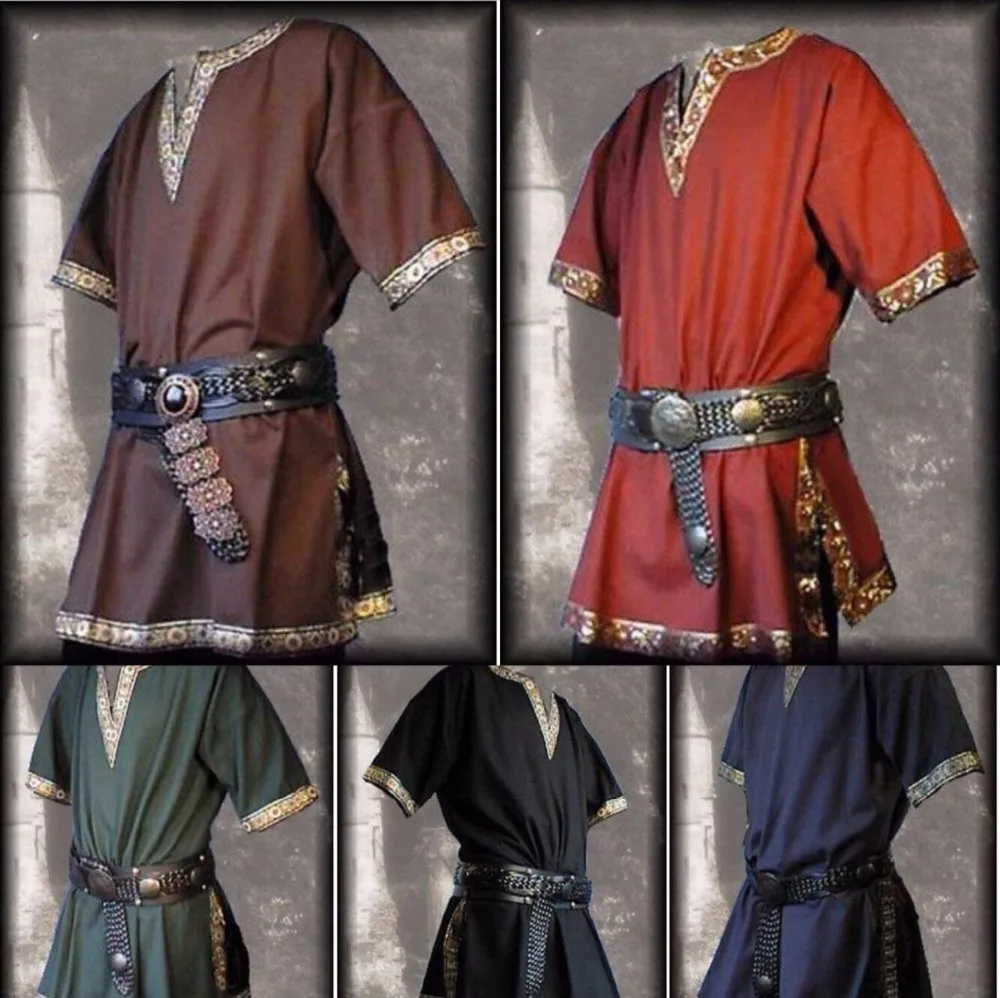 

Medieval Knight Warrior Costume Green Tunic Clothing Norman Chevalier Braid Viking Pirate Saxon LARP Top Shirt For Adult Men