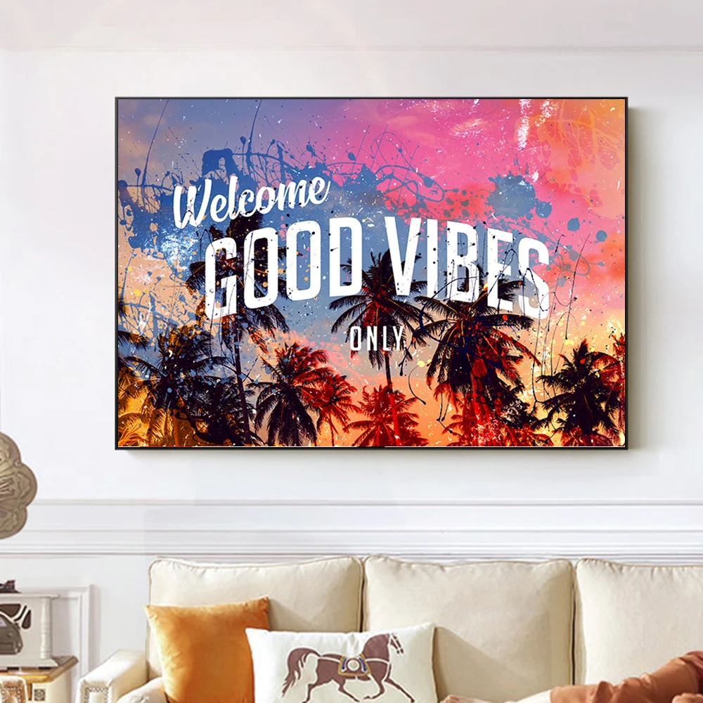 Минимализм в скандинавском стиле Картина на холсте Good Vibes кокосовое дерево