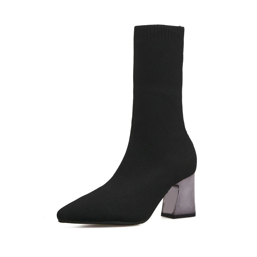 

CINESSD Autumn Slim Stretch Mid-Calf Boots for Women Pointed Toe Sock Boots Square High Heel Boots Shoes Woman Bota Feminina