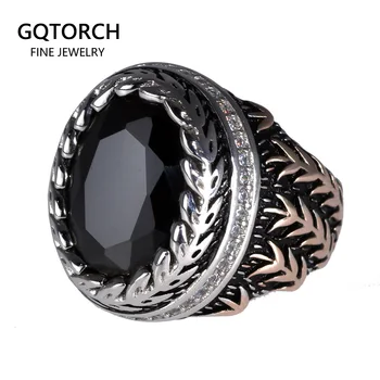 Garantiert 925 Silber Herren Ringe Weizen Surround Gravierte Mit Naturliche Schwarz Achat Stein Retro Vintage Turkische Mann Signet Ring Leather Bag